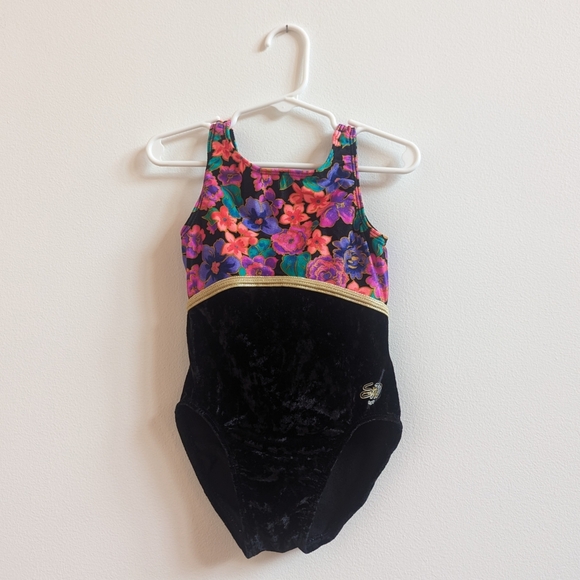 Vtg GK Leotard Girls Sz Medium (5-6) Gymnastics Black Velvet Floral 90s - Picture 1 of 5